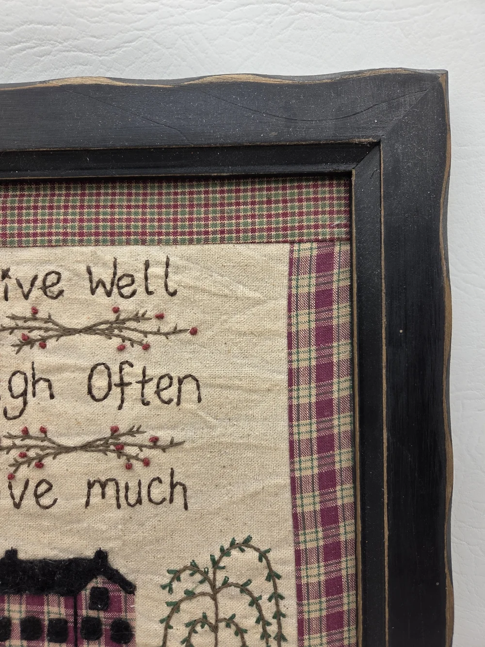 Primitive Style Framed Quilt Block Stitched Saltbox House Willow Tree Checkered.